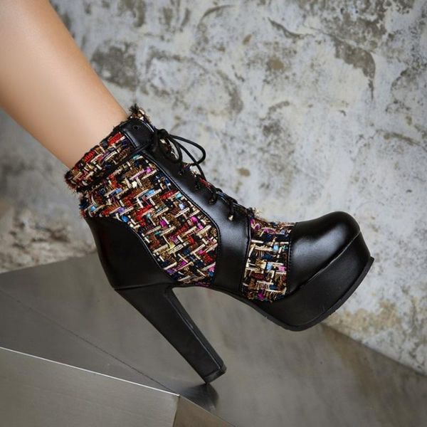 

boots 2021 womens ankle platform match colors block super high 12cm heel lace up shoes warm winter plus size retro, Black