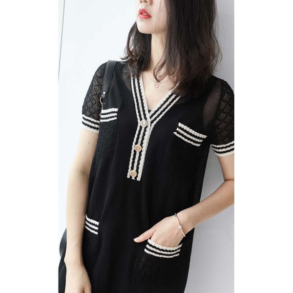 

fengwu silk road 2020 high waist celebrity temperament black short sleeve small fragrance knitted dress with sling in summer, Black;gray