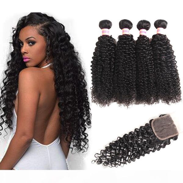 

mongolian virgin hair deep wave loose wave water wave kinky curly hair 3 or 4 bundles with closure human hair with closure, Black;brown