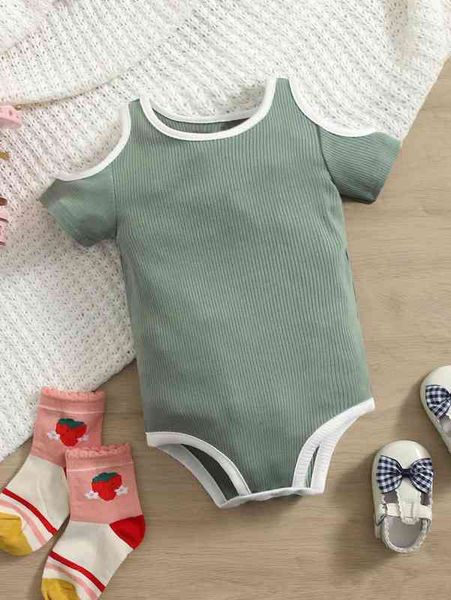 

baby cold shoulder contrast binding bodysuit she, Blue