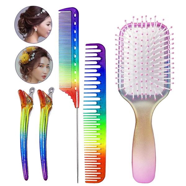 

4 pieces of rainbow wide tooth comb padded base, no knots, with 2 clips, used for combing hair styling, Silver