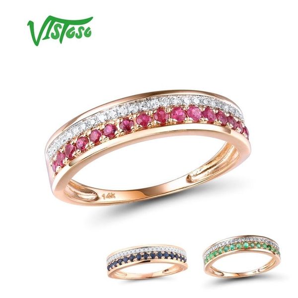 Vistaso 14k Rose Anéis de Ouro para Lady Genuine Brilhante Diamante Fantasia Ruby Sapphire Emerald Engagement Anniversary Chic Fine Jewelry Y200321