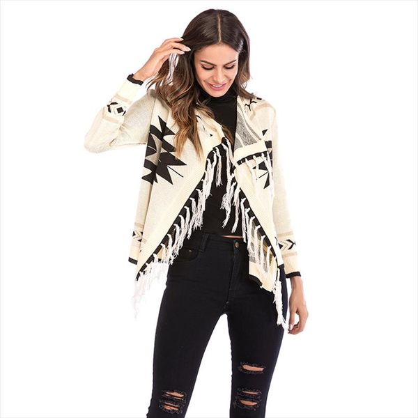 

new women long sleeve knitted open stitch coat 2020 autumn winter lapel geometric patterns fringed jacket female splice outwear, Black;brown