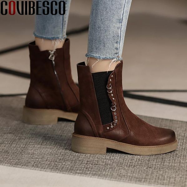 

boots covibesco concise casual ankle for women genuine leather shoes woman autumn winter rivets low heels zipper basic, Black