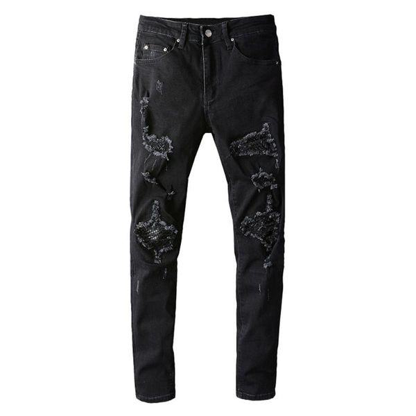 

men's jeans leather patch patchwork ripped streetwear slim skinny stretch denim pants black trousers, Blue