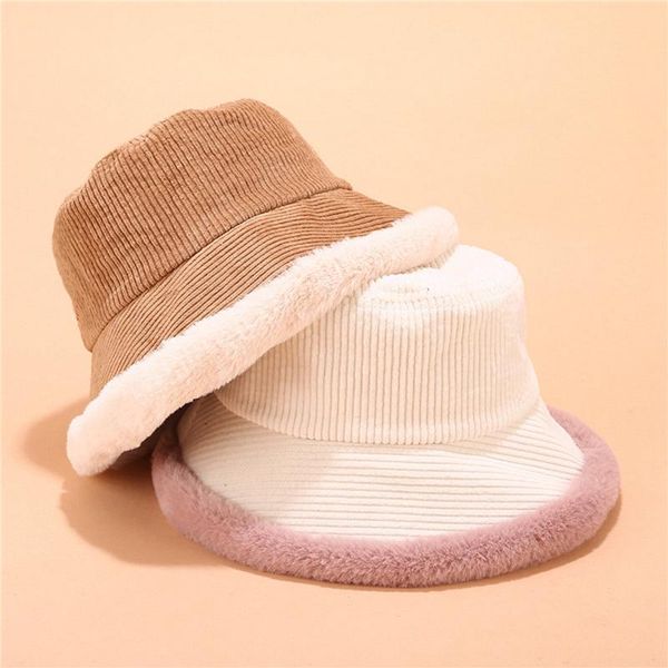 

wide brim hats 2021 autumn winter bucket women corduroy panama hat thick warm plush fisherman cap for girl crimping basin kapelusz, Blue;gray