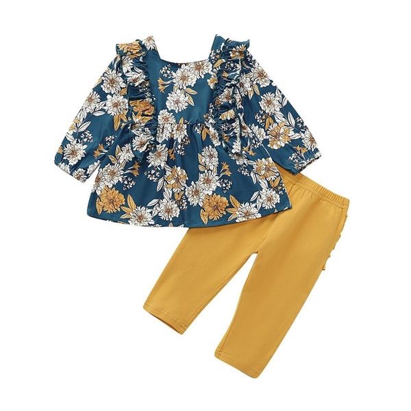 

canis children's sets 2pcs kid baby clothing girls clothes floral printed ruffles dresses+long solid pants set autumn outfit y200525, White