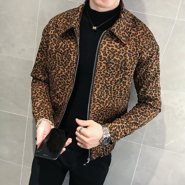 

men fashion autumn new leopard jackets coats fashion leather jacket coats zipper pilot male club clothing, Black;brown