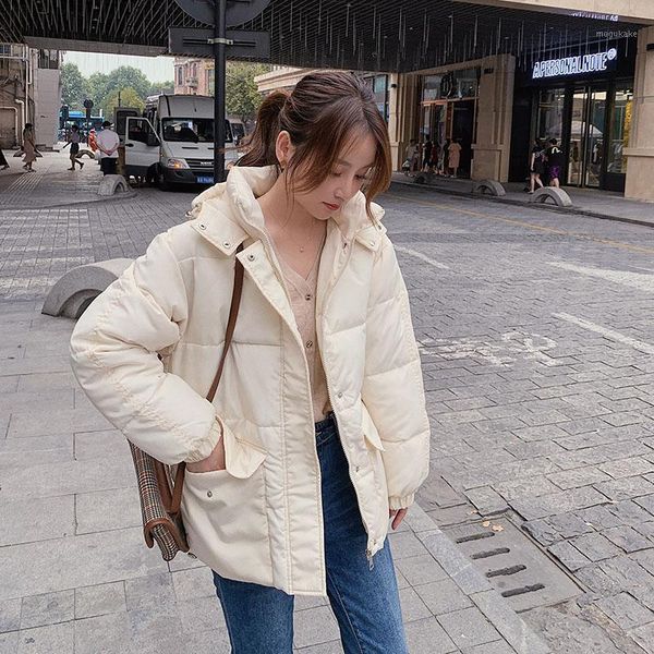 

fashion winter jacket women new casual loose short hooded down parka solid lady cotton padded parka coat1, Black