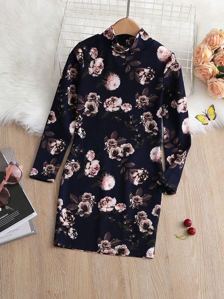 

girls floral print mock neck dress she, Red;yellow
