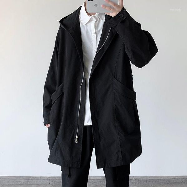 

autumn trench coat men's fashion solid color casual long coat men streetwear loose korean style oversize windbreaker jacket mens1, Tan;black