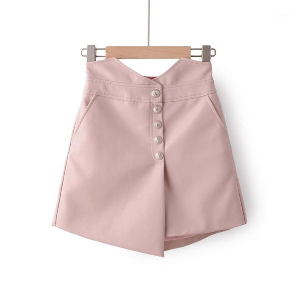 

elegant women pu leather short pants 2020 winter pink ladies faux leather pant fashion female button trousers girls chic1, White;black