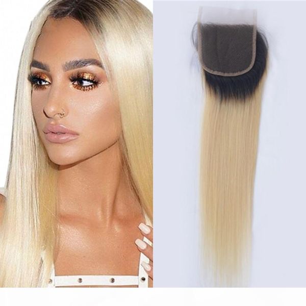 

монгольский прямой блондинки человеческие волосы кружево закрытие 1b 613 омбре темные корни 4 * 4 верхние закрытия швейцарские кружева, Black;brown