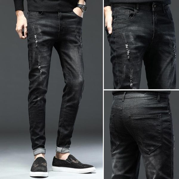 

voreloce personality trend ripped black jeans 2021 spring brand clothing comfortable cotton stretch men's slim pencil pants, Blue