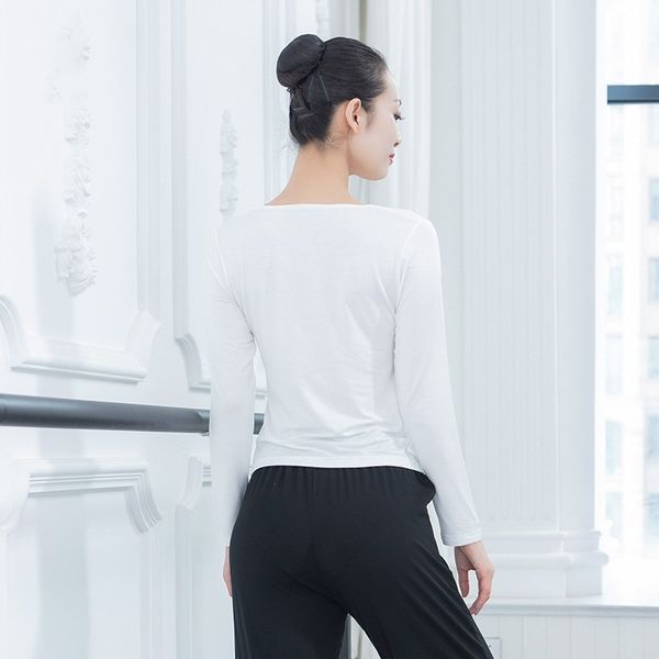 

womens soft modal t-shirt ballet dance basic wear v neck tee long sleeve cross front white 2xl, Black;red