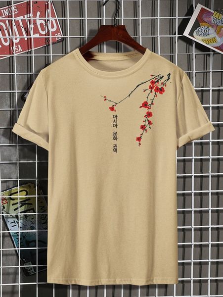 

men floral and korean letter graphic tee p3y1#, White;black