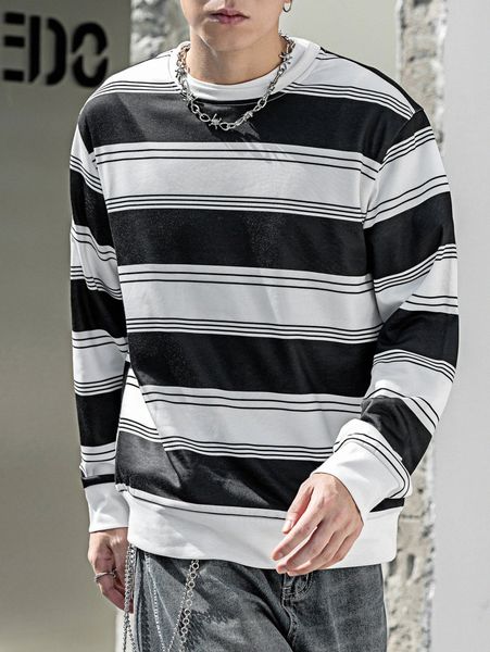 

men striped print colorblock sweatshirt l8gn#, Black
