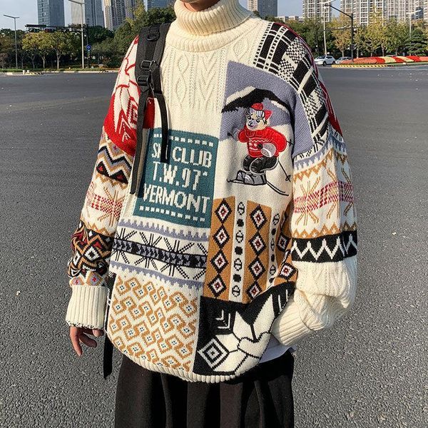 

2020 autumn and winter new youth fashion hong kong style loose personality printed sweater fashion casual high neck pullover1, White;black