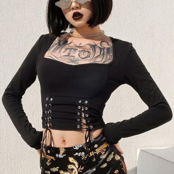 

square collar hollow out waist lacing cotton t-shirt women 2019 streetwear long sleeve skinny tees feminina, White