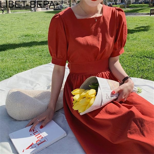 

2020 new summer women dress vintage high waist square collar casual cotton and linen lace up bow puff sleeve long dress lj200818, Black;gray