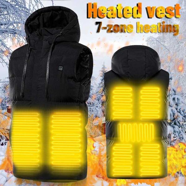 

outdoor t-shirts heating vest hooded 7 area usb charging winter jacket electric flexible thermal smart heated for men sleeveless, Gray;blue