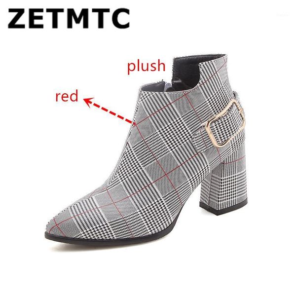

2018mixed colors women winter shoes stripe plaid canvas chunky boot high heels ankle botas zipper big size boots1, Black