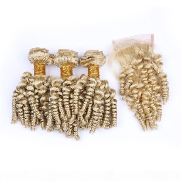 

aunty funmi russian blonde human hair 3pcs bundles with closure #613 blonde sprial curly 4x4 lace front closure with virgin hair weaves, Black;brown