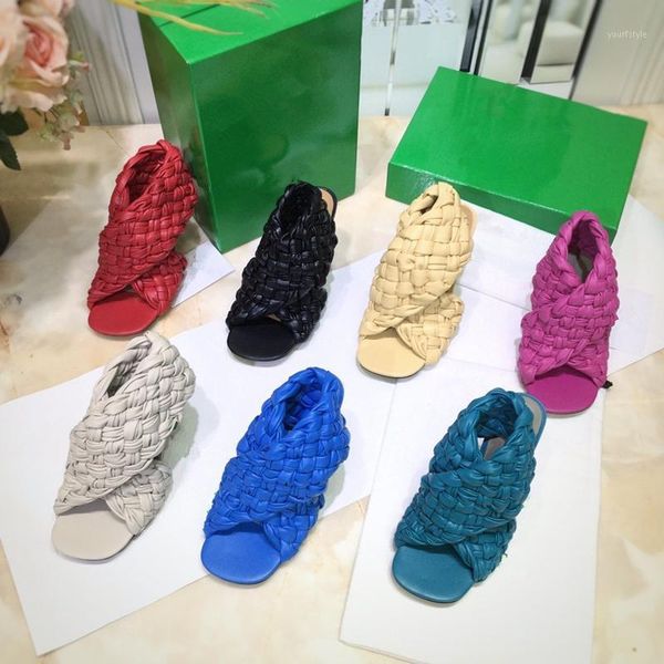 

2021 new trendy hand weave women thin high heels sandals genuine leather pumps summer party gladiator sandals1, Black