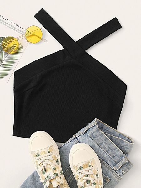 

solid rib-knit criss-cross halter f5sl#, White