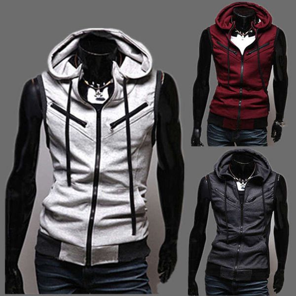 

sleeveless new men's sweater spring and autumn zipper decoration hooded cardigan thin coat hip hop sweatshirt fashion, Gray