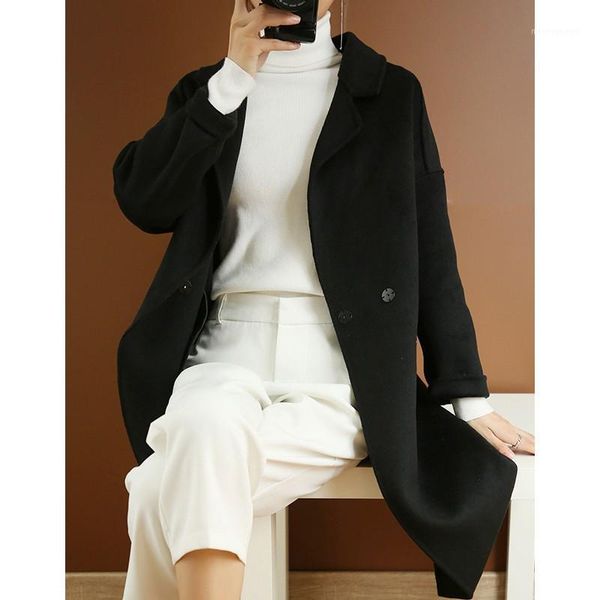 

women's wool & blends double faced velvet sided cashmere coat women's middle long high end year's loose large 100% pure size, Black