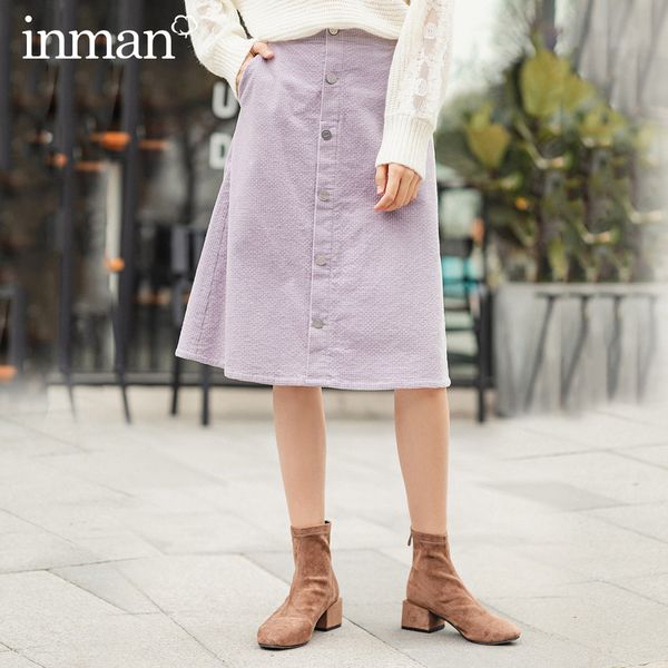 

inman 2020 spring new arrival literary high wasit single breasted a pendulum loose skirt q1209, Black