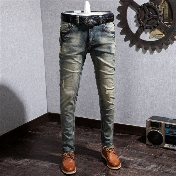 

2020 mens jeans denim ripped jeans for men skinny broken italy style hole bike motorcycle rock revival pants, Blue