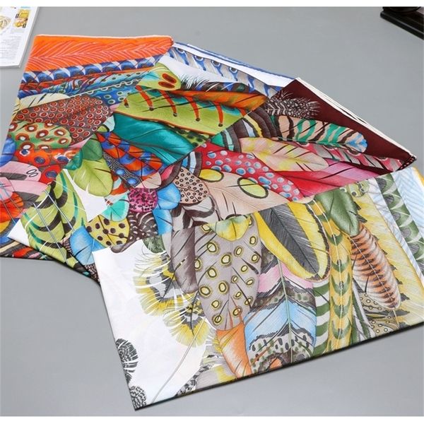 

feathers print 100% silk scarf shawl wraps foulard fashion clothing accessories 35" y201007, Blue;gray