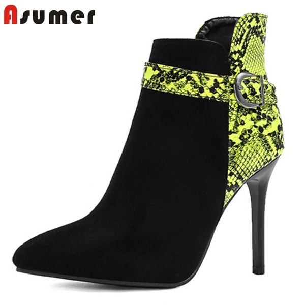 

boots asumer 2021 est thin high heel dress party shoes women ankle snake mixed colors buckle zip autumn winter woman, Black