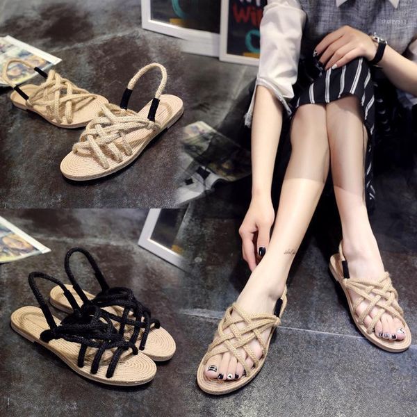 

padegao hand made rope weaving summer sandals for women front rear strap flat solid women shoes casual beach sandals1, Black