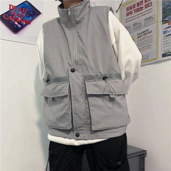 

men's vests solid ins vest thicken cargo jacket men cotton coats waistcoat loose autumn winter big pocket stand-up collar zipper, Black;white