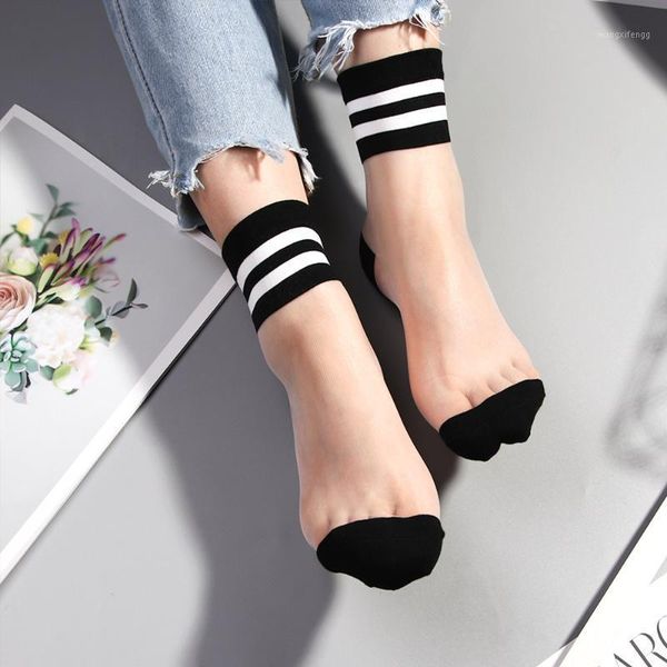 

summer women ultrathin transparent socks meias harajuku striped crystal socks glass silk sock calcetines mujer1, Black;white