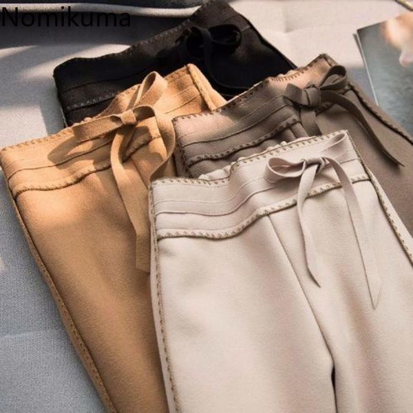 

nomikuma autumn winter wide leg pants women high waist lace up ankle length trousers female solid color loose pantalones 3d5891, Black;white