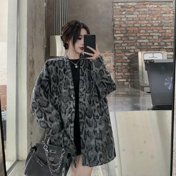 

women's wool & blends retro leopard loose long-sleeved jacket female coat gray single-breasted blend, Black