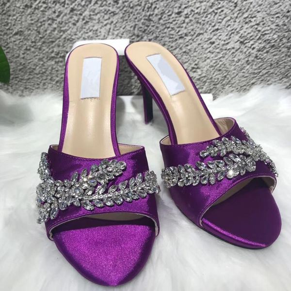 

fashions women's pueple satin strass crystal slippers high-heeled mulatto sandals r3op, Black