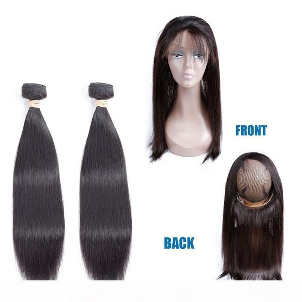 

360 lace frontal with 2 bundles peruvian straight human hair unprocessed 360 lace frontal natural color peruvian virgin hair extensions, Black;brown