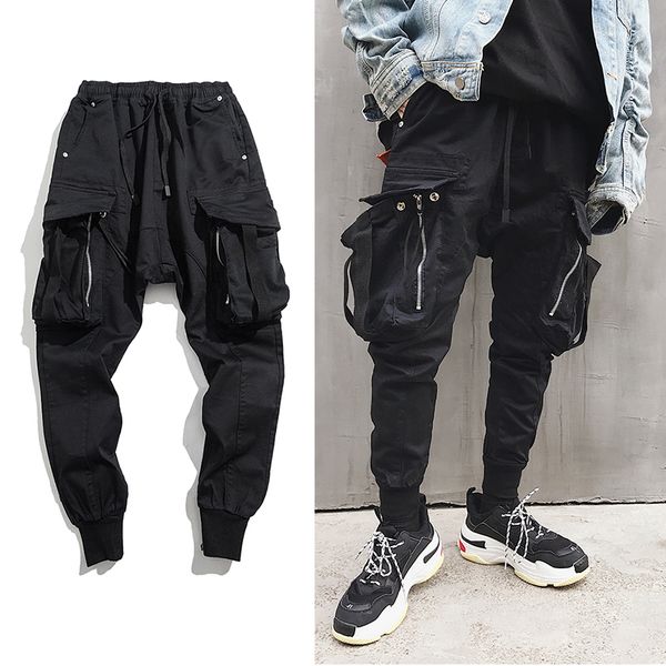 

nieuwe high street side grote zakken linten heren hip hop cargo joggingbroek joggers broek mannelijke mode volledige lengte harembroek, Black