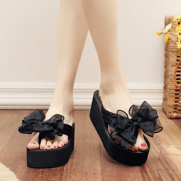 

slippers casual on a wedge rubber flip flops women's shoes with platform low heeled mules slides butterfly-knot luxury hawaiian x1020, Black