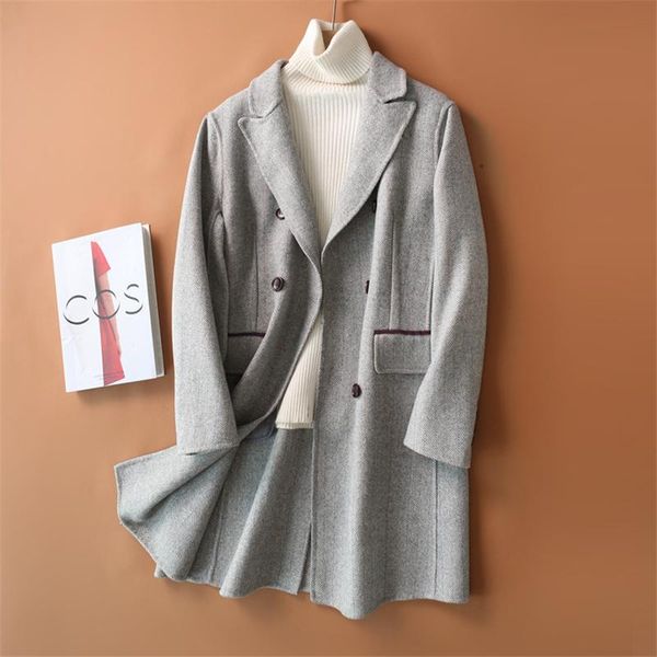 

herringbone double-sided 90%wool coat for women spring casual long coat women autumn winter office lady femme, Black