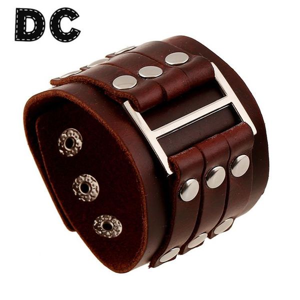 

tennis brown retro wide leather bracelets punk exaggerated buckle bracelet men gift jewelry pulseiras masculina, Golden;silver