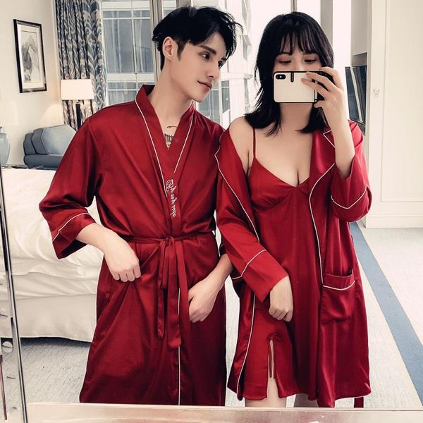 

nightwear silk kimono robe lovers couple nightgown couple sleepwear family pijama lover night suit robe set, Black;red