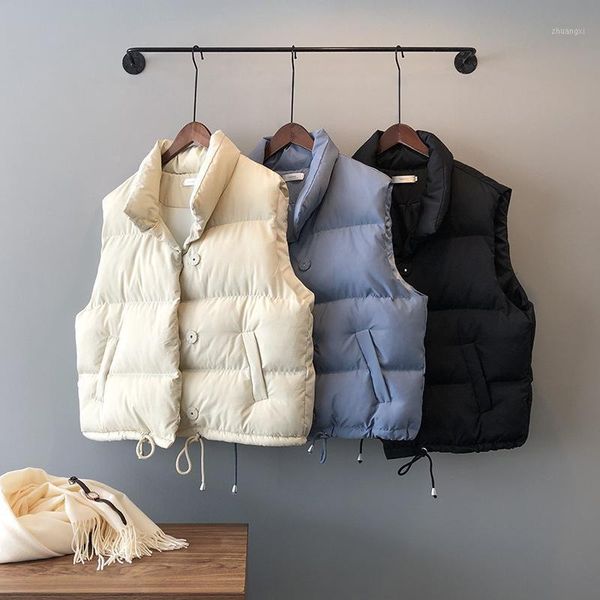 

2021 simple women's solid colour loose vest drawstring stand collar vest cotton padded windproof winter warm waistcoat1, Black;white