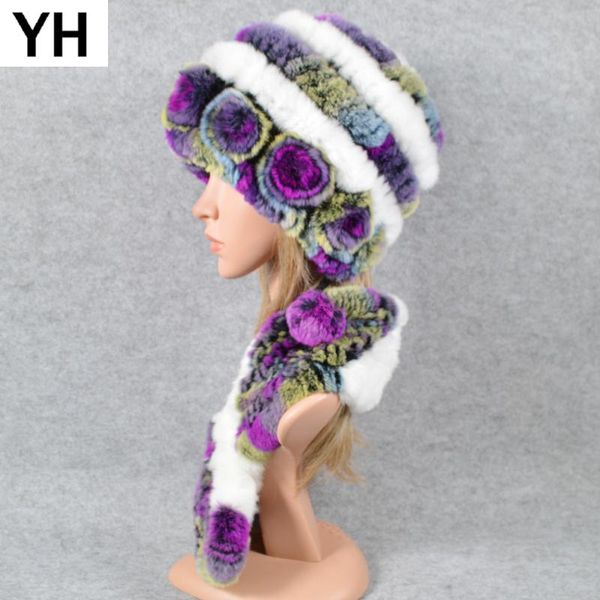 

russia new outdoor warm women knitted real rex fur hat scarf rex fur cap scarves natural shawl hats, Blue;gray