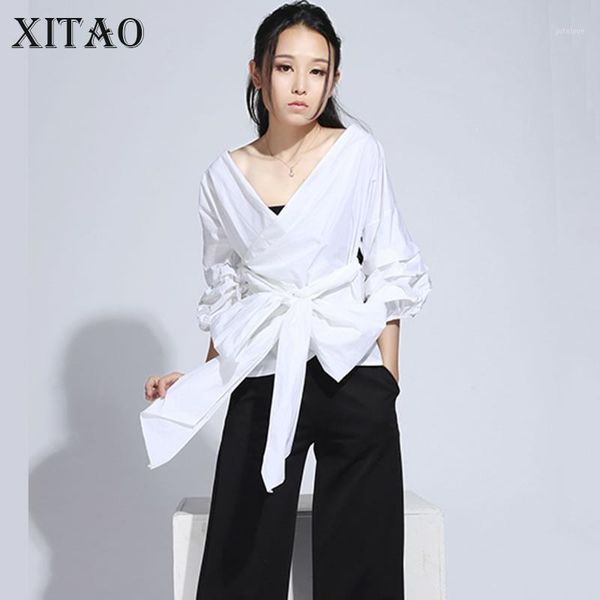 

xitao] 2020 summer new arrival korea fashion female three quarter sleeve v-neck blouses women solid color bandage shirts cxb3481, White